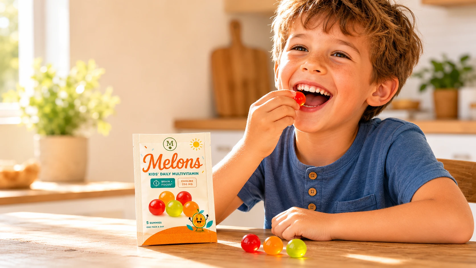 A happy kid eating a Melons gummy