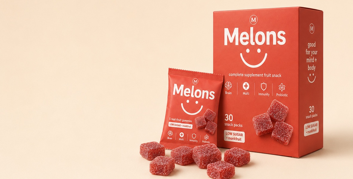 The Melons box and single-serve pack with gummies and real fruit