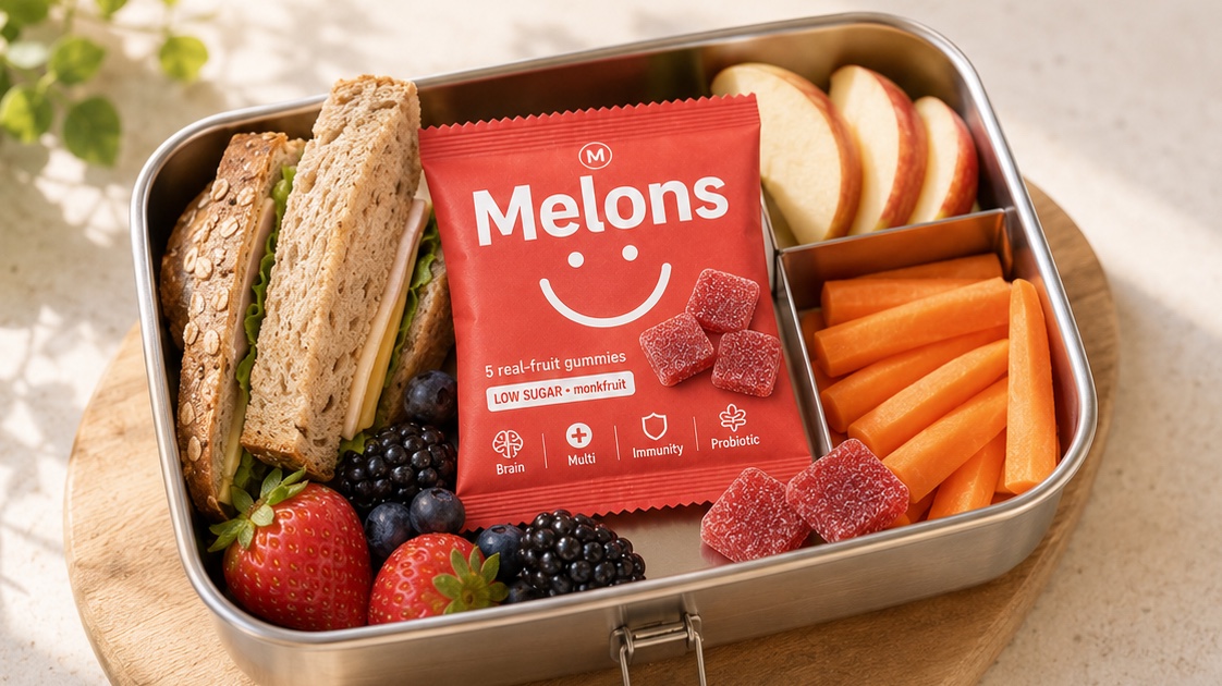 A Melons pack tucked into a kid's lunchbox