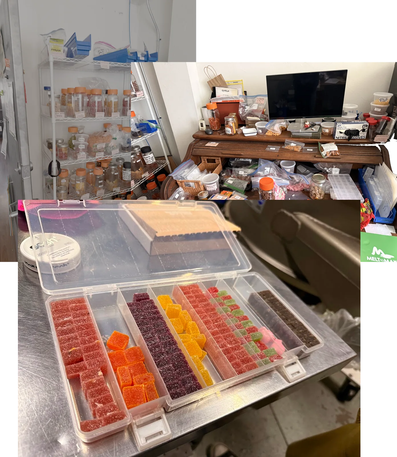 Our flavor R&D: shelves of flavor jars and trays of gummy iterations